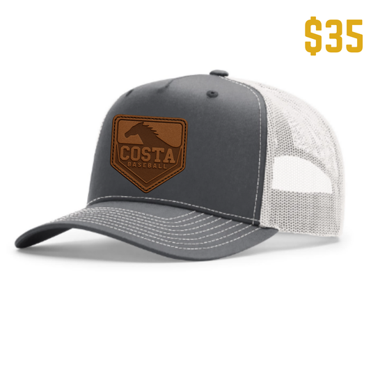 Gray White Baseball Hat with Leather Patch - Costa Baseball